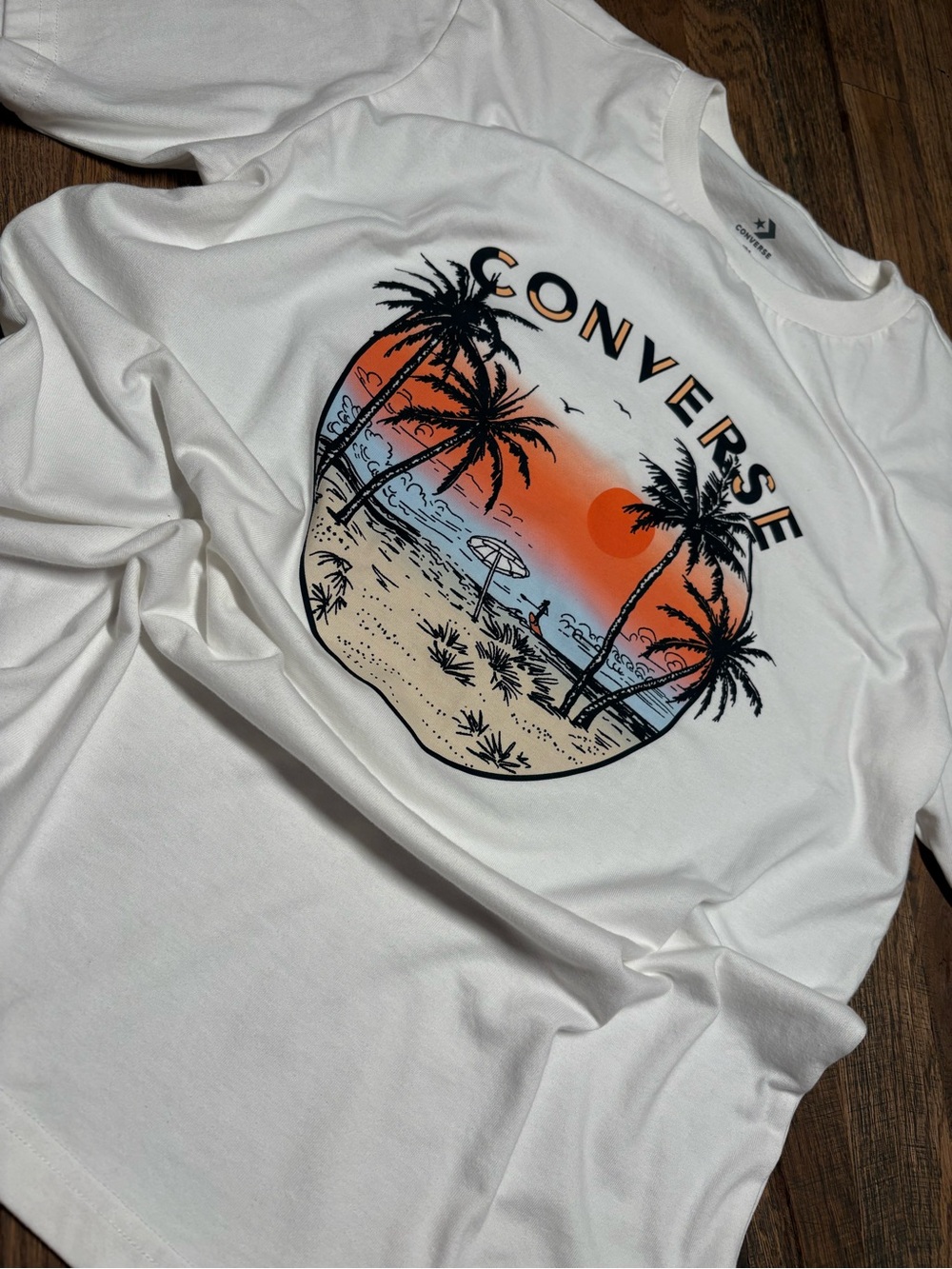Converse White Short-Sleeve Tee with Orange & Blue Beach Graphic